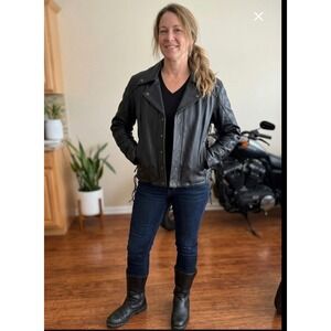 First Classics Leather Biker Jacket Womens XL Black Side Lace Moto Biker Y2K